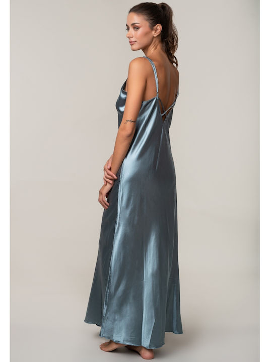 Maxi Satin Nightgown with Straps in Light Blue