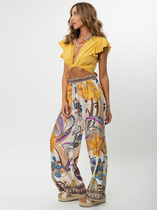 Satin Printed Yellow Trousers