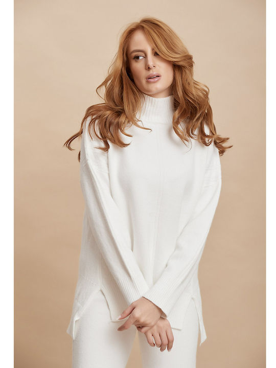 Knitted Set Trousers Blouse Turtleneck White