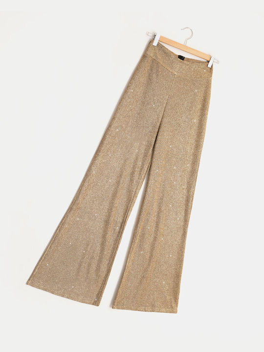 High Waist Stretch Glitter Effect Gold Trousers
