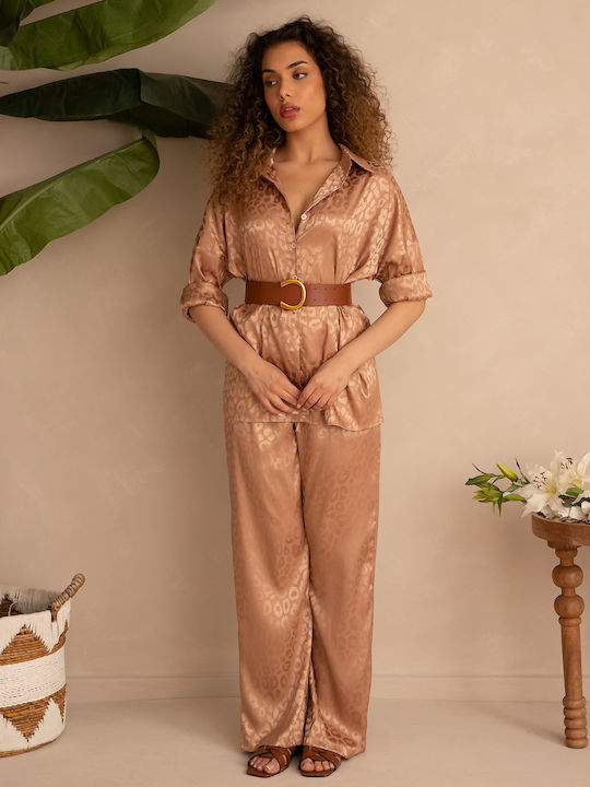 Set Satin Shirt and Wide-Leg Pants Animal Print Beige Beige