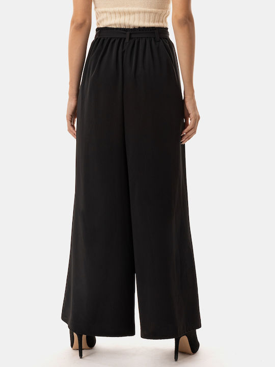 High-waisted Trousers with Pleats and Belt, Black Black