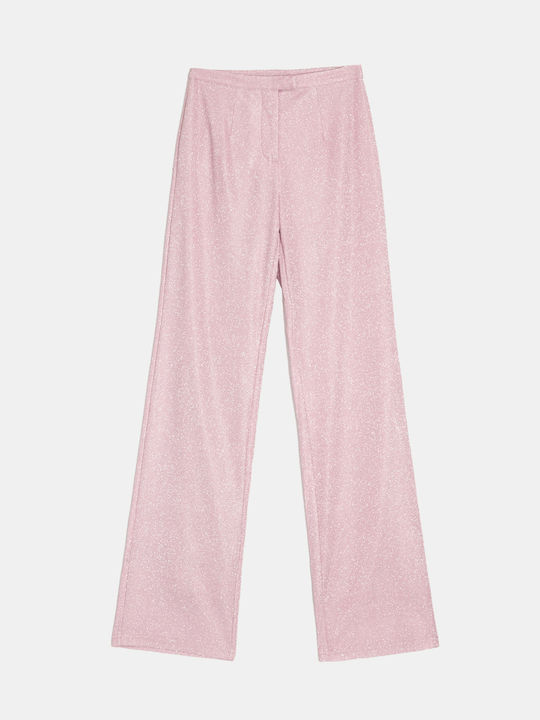 High-waisted Trousers with Glitter Effect Pink