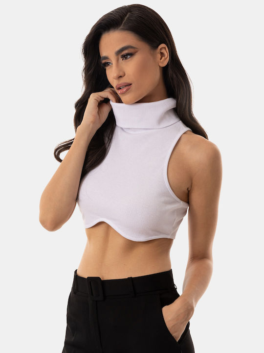 Crop Top Fără Mâneci Cu Guler Înalt Alb