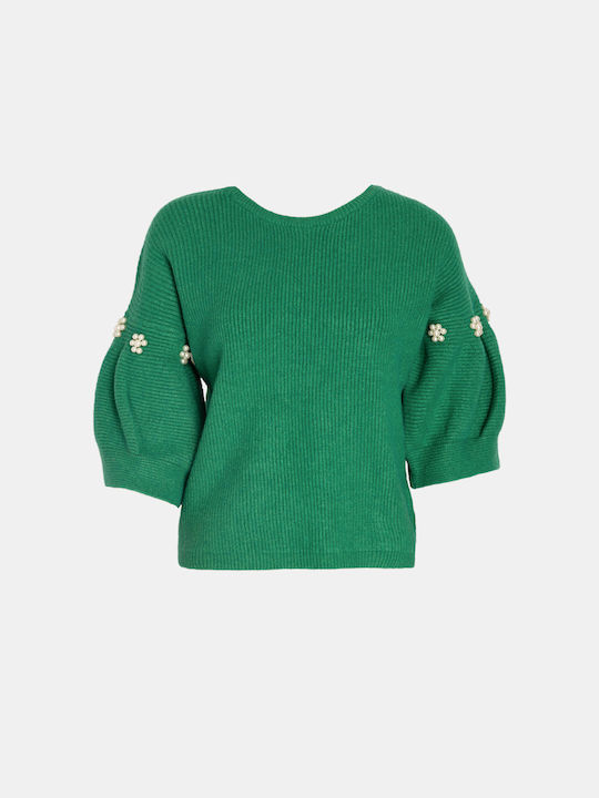 Kurzärmeliger grüner Perlenpullover