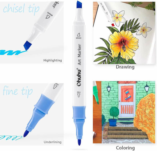 Ohuhu Oahu Fine & Chisel 48 Alcohol Drawing Markers Basic Colors