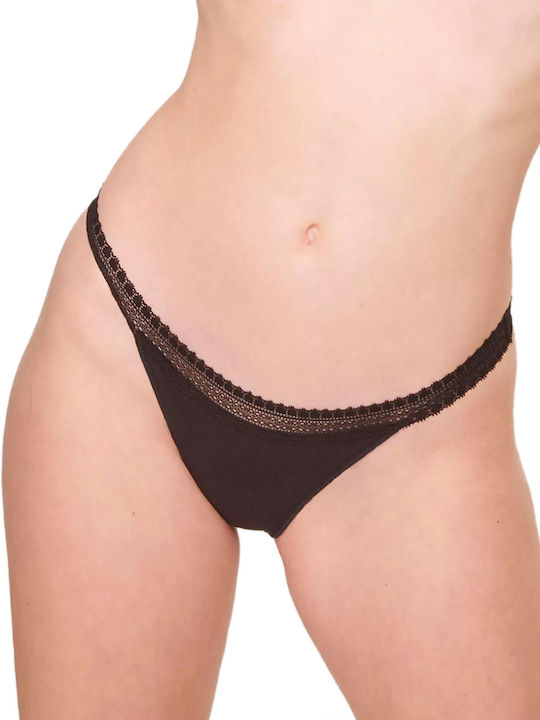 Go Ribbed H Tanga Βαμβακερά Femei Slip 2Pack cu Dantelă Negre