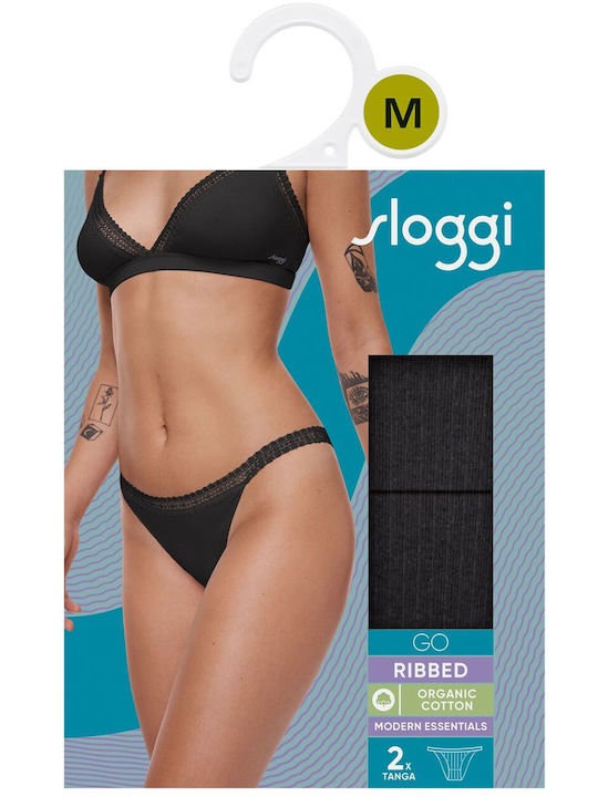 Go Ribbed H Tanga Βαμβακερά Femei Slip 2Pack cu Dantelă Negre