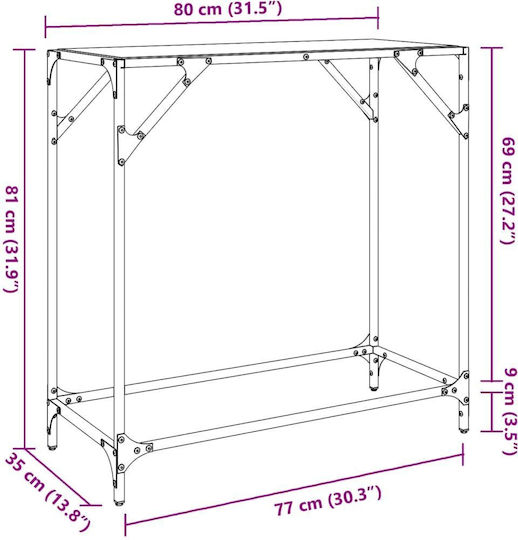 Κονσόλα Μεταλλική με Γυάλινη Επιφάνεια Διαφανές Μ80xΠ35xΥ81εκ.