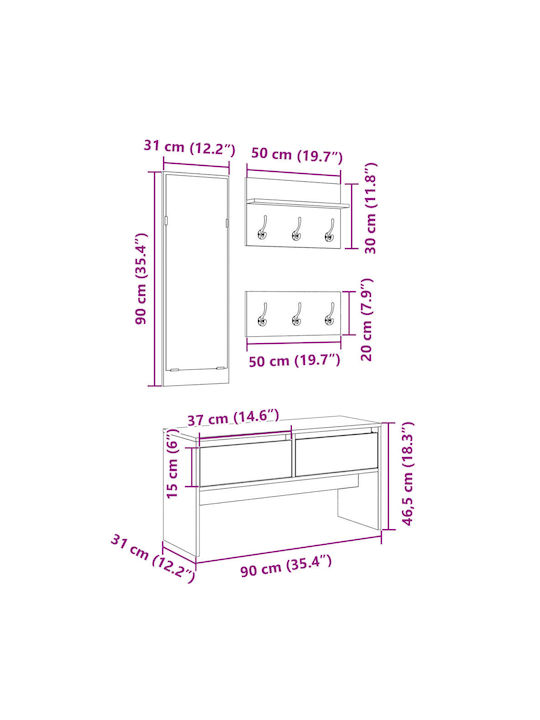Entry Furniture with Mirror / Hanger / Shoe Rack & Bench Coffee 90x31x46.5cm