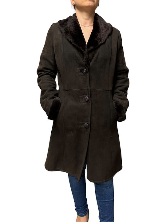 MARKOS LEATHER Women's Mouton Coat with Buttons Coffee