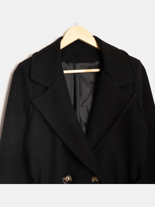 Langer Mantel mit Wollmischungsgürtel Schwarz Schwarz