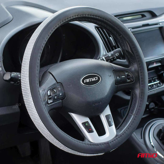 AMiO Car Steering Wheel Cover with Diameter 37-39cm Synthetic Black with Black Stitching