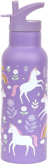 A Little Lovely Company Kids Water Bottle Thermos Unicorn Stainless Steel with Straw Non Spill Purple 500ml (Various Designs/Colours)