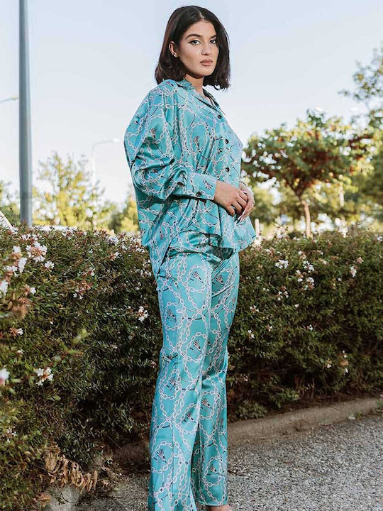 Satin Trousers and Shirt Set in Sky Blue