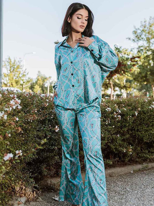 Satin Trousers and Shirt Set in Sky Blue