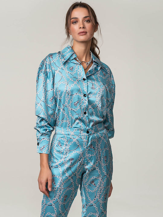 Satin Trousers and Shirt Set in Sky Blue