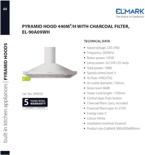 Elmark EL-90A09WH Каминен аспиратор 90см Бял