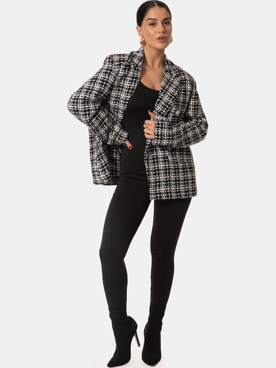 Black Plaid Blazer with Silver Buttons