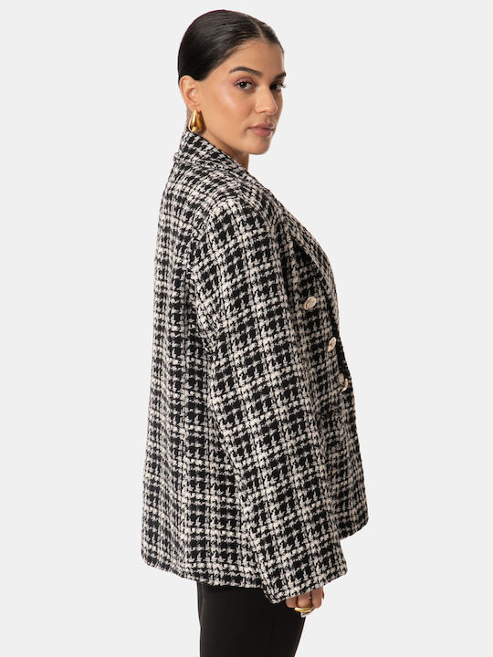 Black Plaid Blazer with Silver Buttons