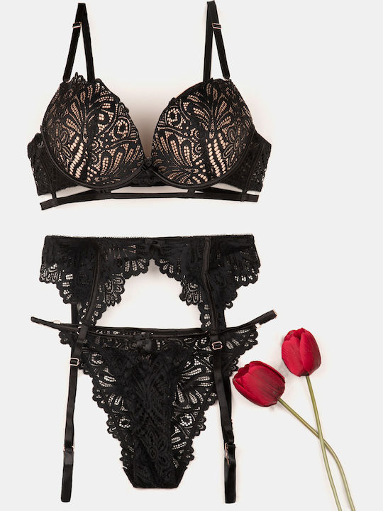 Push Up Lace Black Women's Underwear Set