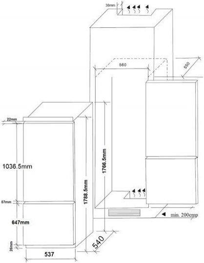 Pyramis Eingebauter Kühl-Gefrierkombination 249Es H178xB54xT54cm. Weiß BIR 178