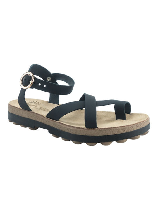 Fantasy Sandals Leather Women's Sandals with Ankle Strap Black/Beige Bottom