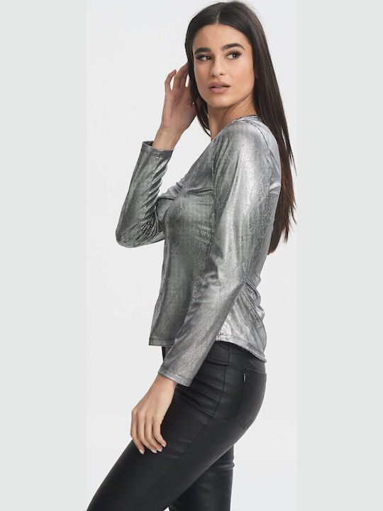 Women's Blouse with V Neckline Silver