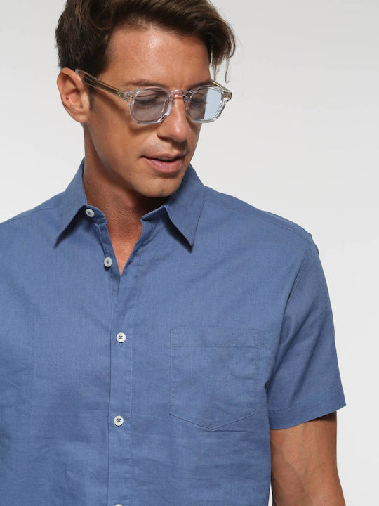 Double Men's Shirt Short Sleeve Linen Blue