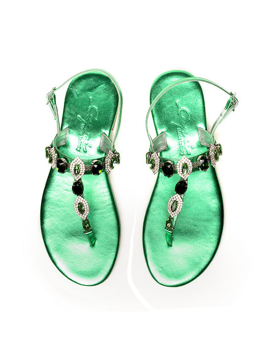 CAPRI Leather SANDALS WITH CRYSTALS - Green GE19/VERDE