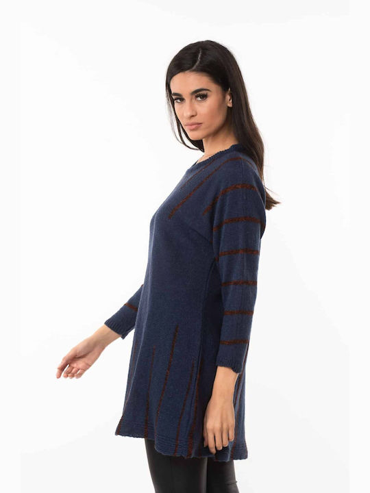 Dress Up Women's Sweater Woolen with 3/4 Sleeve Striped Blue