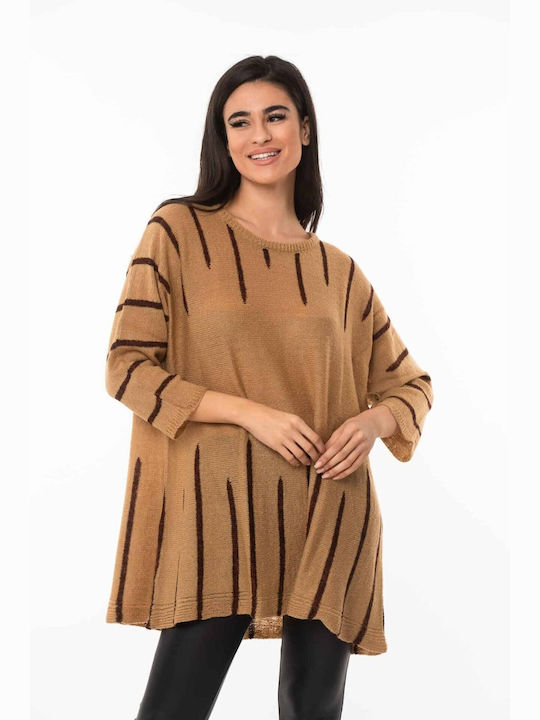 Boutique Women's Sweater Woolen with 3/4 Sleeve Striped Beige