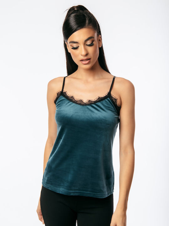 Damen Bluse Samt mit Spitze Blue Roulette