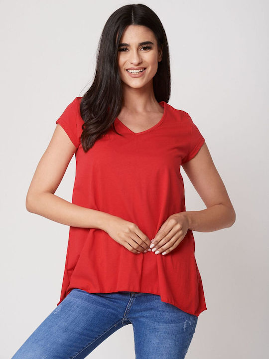 Boutique Damen Bluse Baumwolle mit V-Ausschnitt Rot