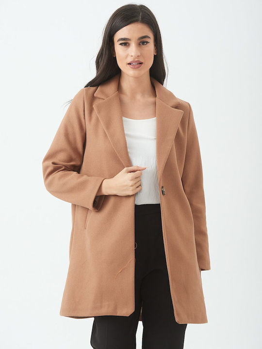 Ths-Fashion Women's Short Half Coat with Buttons Coffee