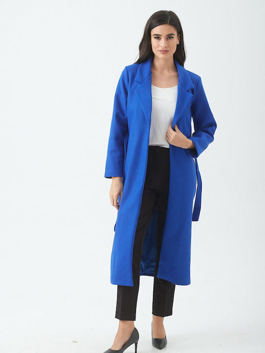 Ths-Fashion Women's Long Coat with Belt Royal Blue