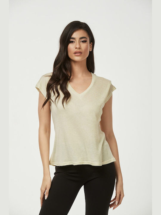 Ecstasy Women's Blouse Short Sleeve with V Neckline Beige