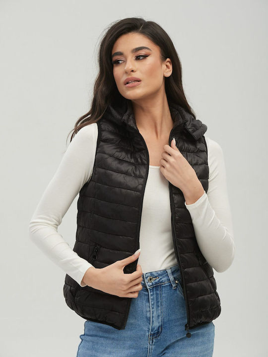Boutique Scurt Jachetă de femei Fără mâneci Puffer pentru iarnă BLACK