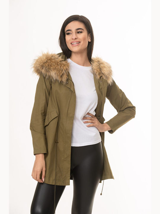 Boutique Women's Short Lifestyle Jacket for Winter with Hood HAKI