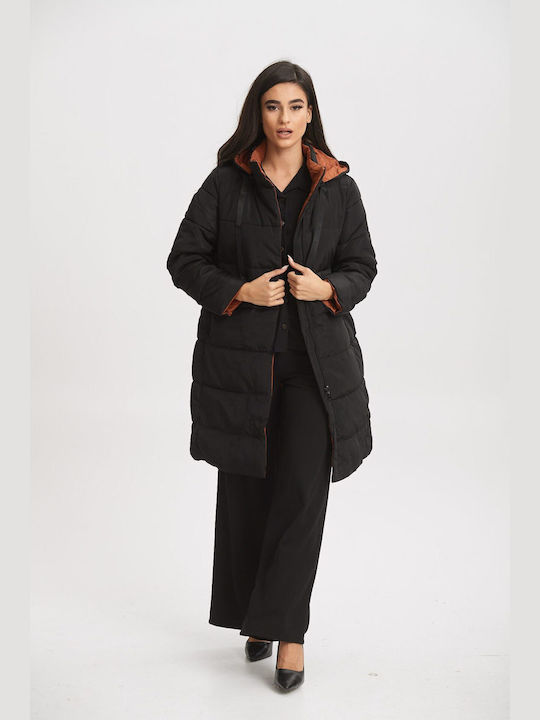 Boutique Women's Long Lifestyle Jacket Double Sided for Winter with Hood BLACK