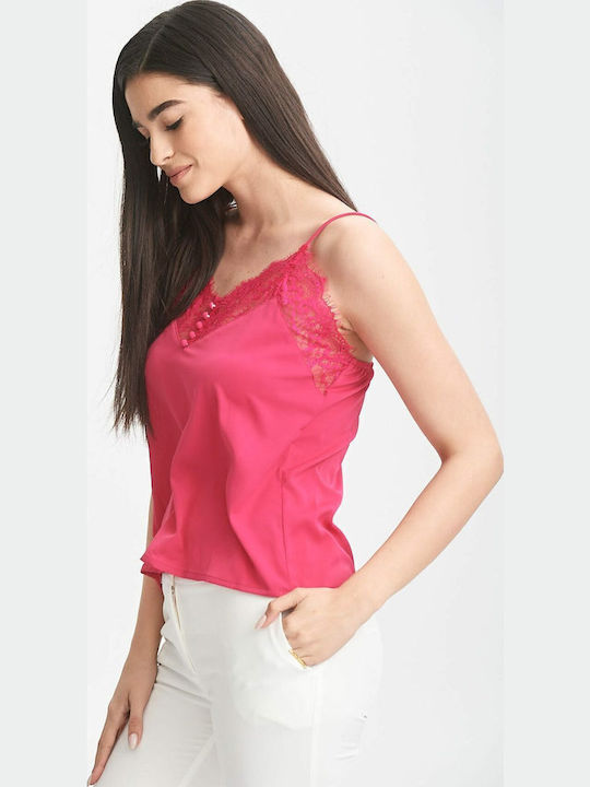 Women's Blouse Satin with Lace Fuchsia