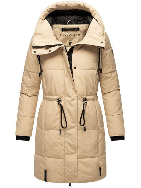 Navahoo Women's Long Puffer Jacket Waterproof for Winter with Hood Beige