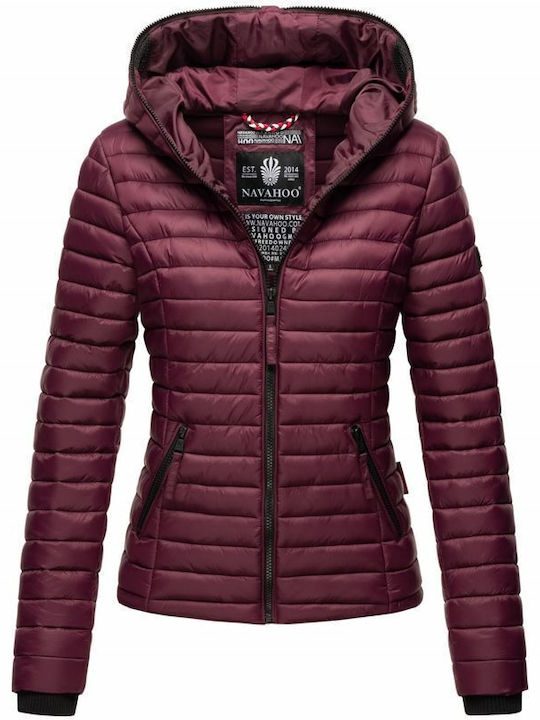 Navahoo Women's Short Puffer Leather Jacket for Spring or Autumn with Hood Bordeaux