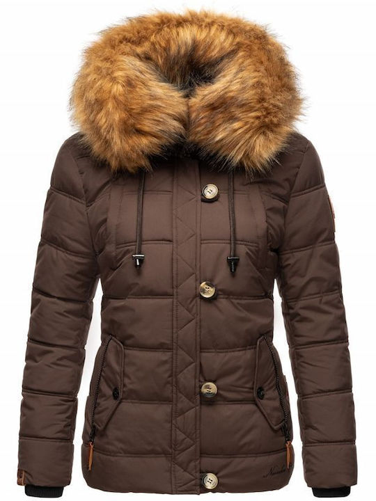 Navahoo Women's Short Puffer Leather Jacket for Winter with Hood Chocolate