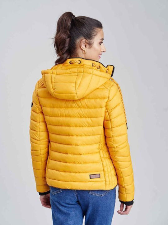 Navahoo Women's Short Puffer Leather Jacket for Spring or Autumn with Hood Yellow