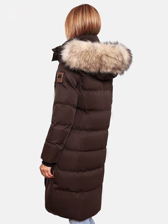 Marikoo Women's Long Puffer Jacket for Winter with Hood Chocolate