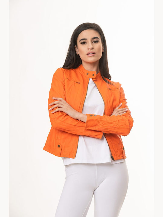 Comfuzio Women's Short Biker Artificial Leather Jacket for Winter Orange