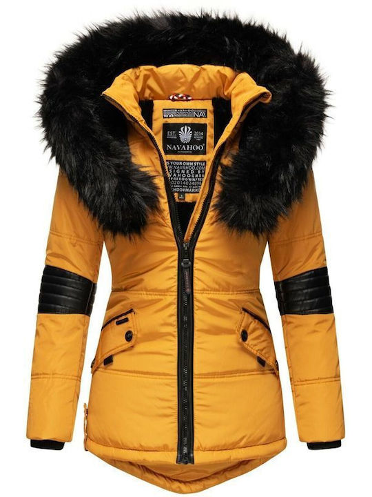 Navahoo Women's Short Biker Artificial Leather Jacket for Winter with Hood Yellow
