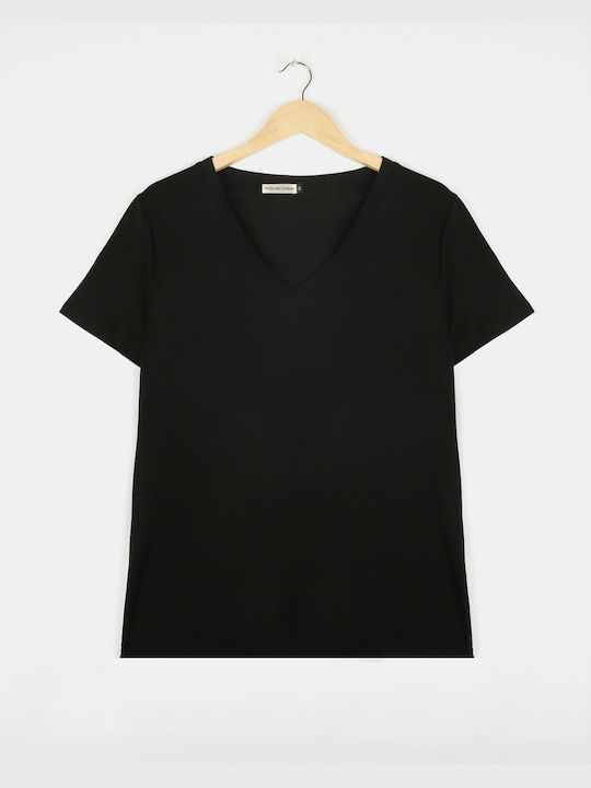 Rock Club Women's T-shirt with V Neckline Black