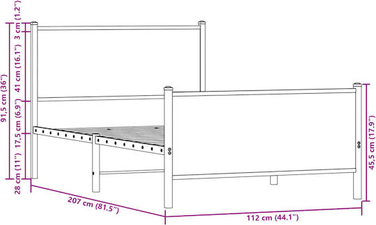 Half Double Wooden Bed Smoked Oak with Slats for Mattress 107x203cm